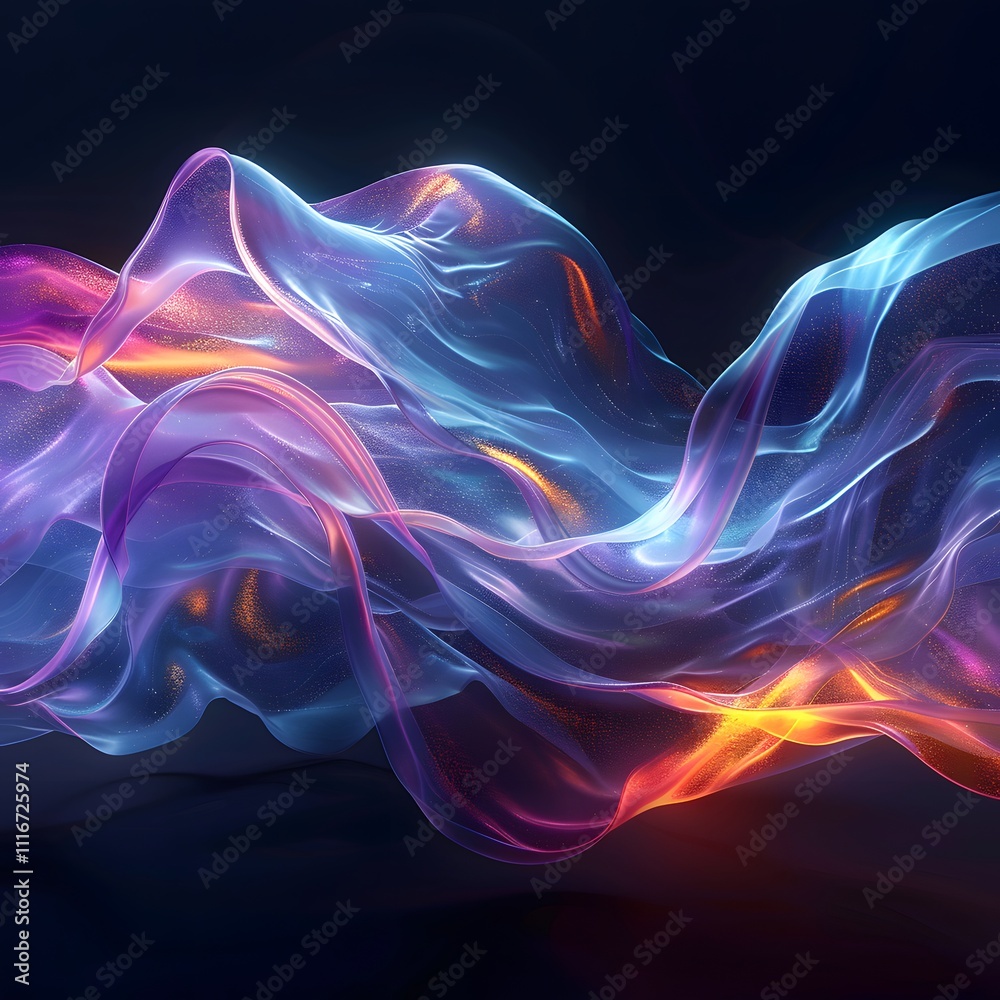 Obraz premium Futuristic abstract 3D holographic shape with fluid iridescent colors and glowing effects, creating a dynamic visual experience against a black background