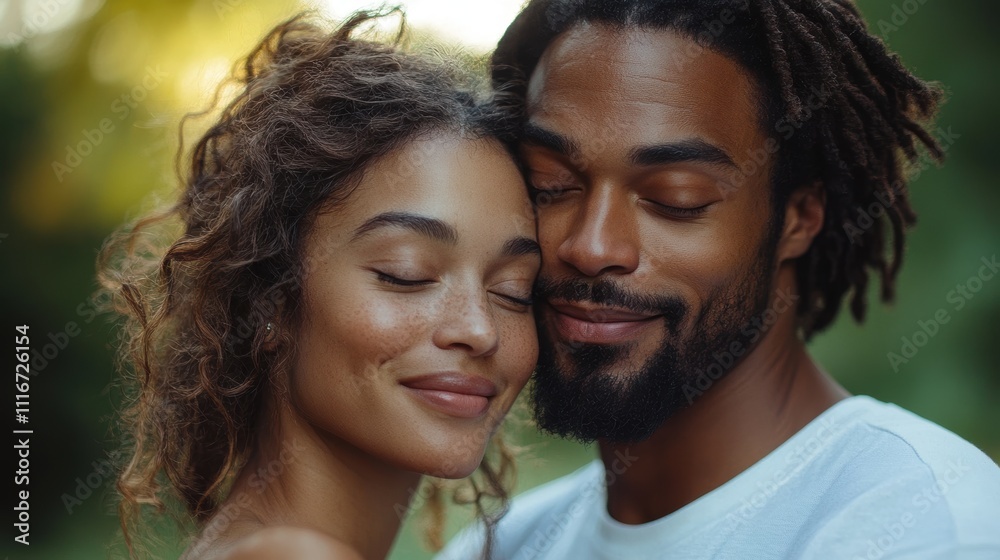 In this serene image, a couple joyfully embraces each other with closed eyes, exuding warmth and connection against a vivid green backdrop outdoors. In this serene image, a couple joyfully embraces each other with closed eyes, exuding warmth and connection against a vivid green backdrop outdoors.