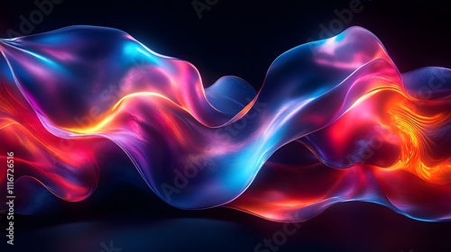 Futuristic abstract 3D holographic shape with fluid iridescent colors and glowing effects, creating a dynamic visual experience against a black background