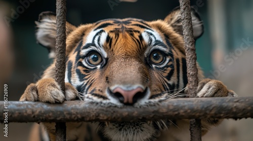 A poignant image of a tiger behind bars, its large eyes reflecting a mix of intensity and longing, symbolizing themes of captivity and freedom. photo