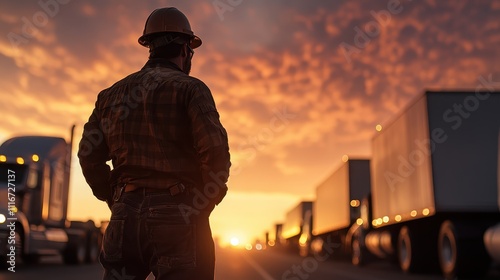 A lone trucker standing on a road, gazing at the striking sunset over a line of parked freight trucks, encapsulating themes of hard work and reflection. photo