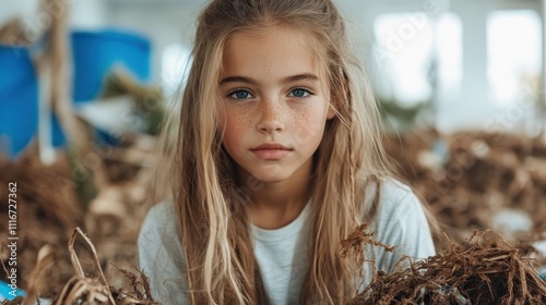 A young girl with long blonde hair and freckles gazes thoughtfully into the camera, surrounded by earthy and natural elements in a bright indoor environment. photo