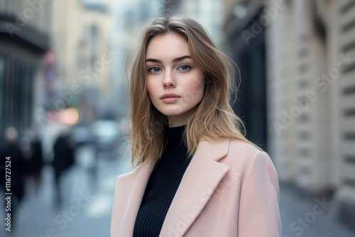 A young woman standing on a city street dressed in a pale pink coat over a black top Free Download A young woman standing on a city street dressed in a pale pink coat over a black top - GFXLoad