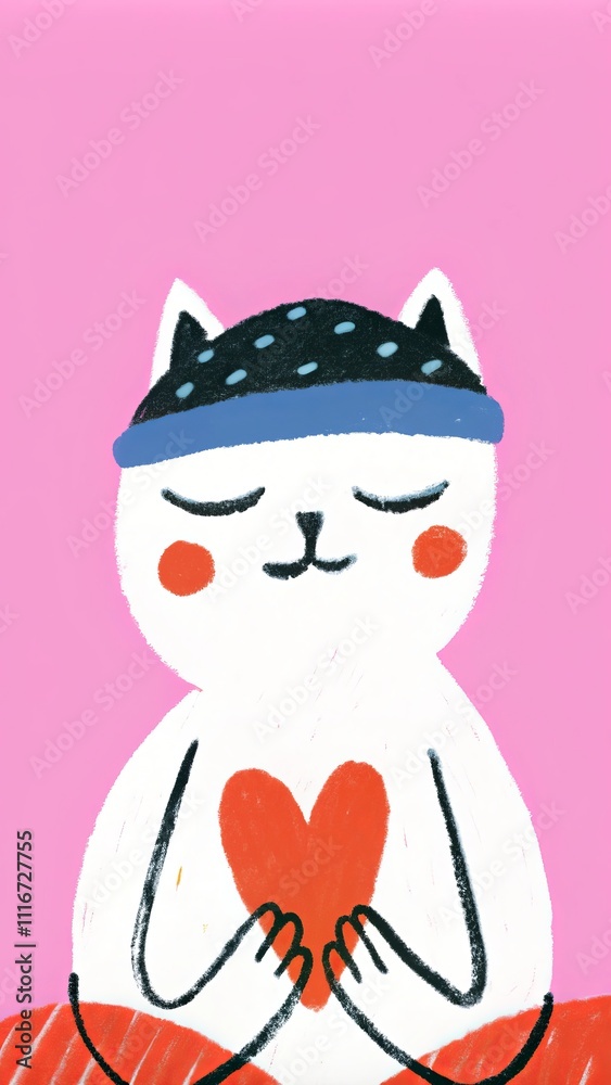 Meditative cat holding heart on pink background with headband Meditative cat holding heart on pink background with headband