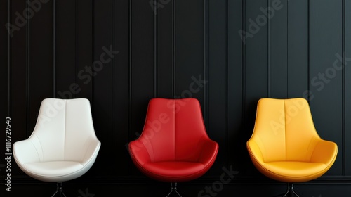 Image of three modern swivel chairs in white, red, and yellow hues set against a sleek black paneled wall, showcasing a contemporary interior design style. photo