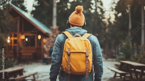 An individual with headphones and a vibrant yellow backpack revels in a cozy forest setting, next to a rustic cabin and lit pathways under the evening sky. photo