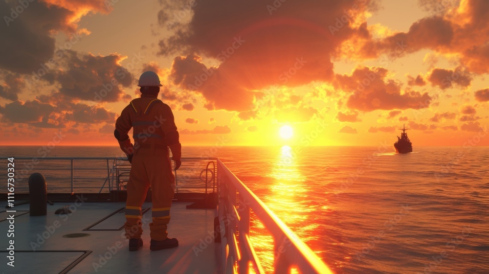 Fototapeta premium As the sun sets over the horizon the bosun inspects the deck for any signs of wear and tear ensuring the ship is always in top condition.