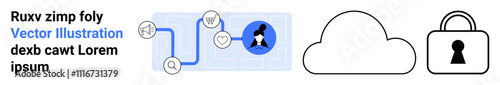 Abstract data flow with icons representing a user profile, cloud storage, and padlocked security. Ideal for data analysis, cybersecurity, cloud computing, user privacy, secure storage, tech