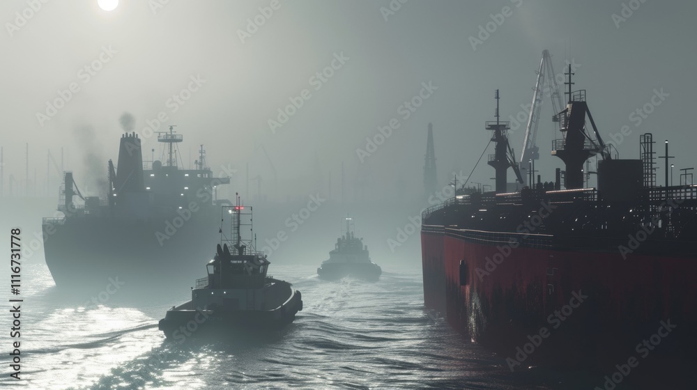 Through the hazy mist of a busy port a pumpman supervises the transfer of liquid cargo between two mive tankers utilizing their specialized systems. Through the hazy mist of a busy port a pumpman supervises the transfer of liquid cargo between two mive tankers utilizing their specialized systems.