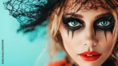 A mysterious witch with elaborate eye makeup and red lips gazes intensely forward, her expressive eyes creating an atmosphere of magic against a bright teal backdrop. photo