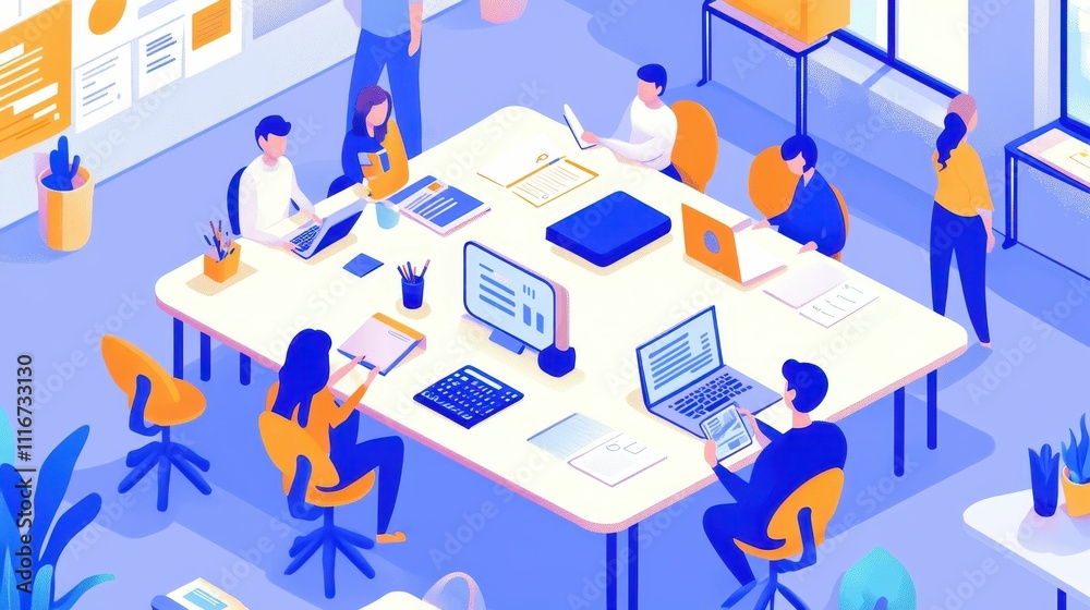 Obraz premium Team collaborating, devices, modern office space.