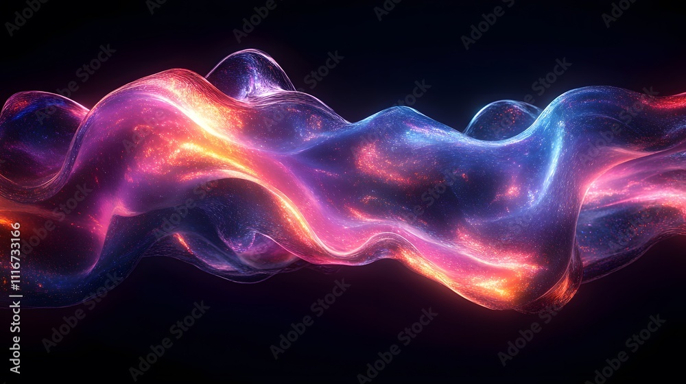 Obraz premium Futuristic abstract 3D holographic shape with fluid iridescent colors and glowing effects, creating a dynamic visual experience against a black background