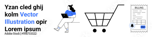 Person using laptop, shopping cart, billing receipt. Ideal for online shopping, e-commerce, internet purchases, digital transactions, online payments, retail, marketing. Landing page