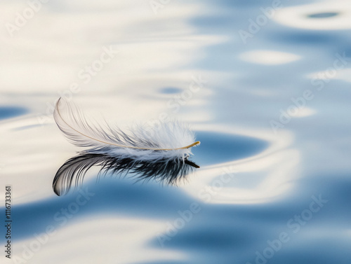 A soft white feather gently floats on serene water, reflecting the tranquil ripples and natural hues of blue. photo