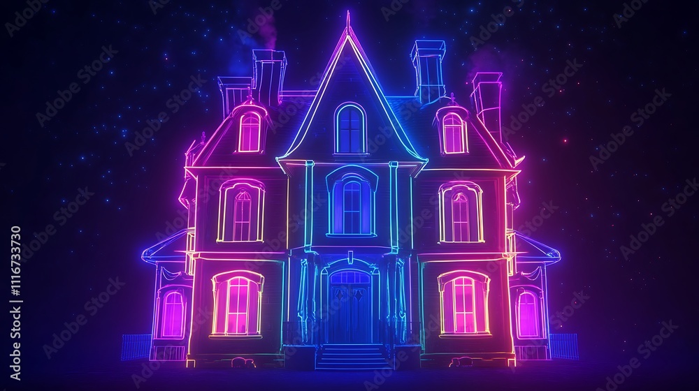 Fototapeta premium Neon glow Victorian mansion sharp dark atmospheric background image
