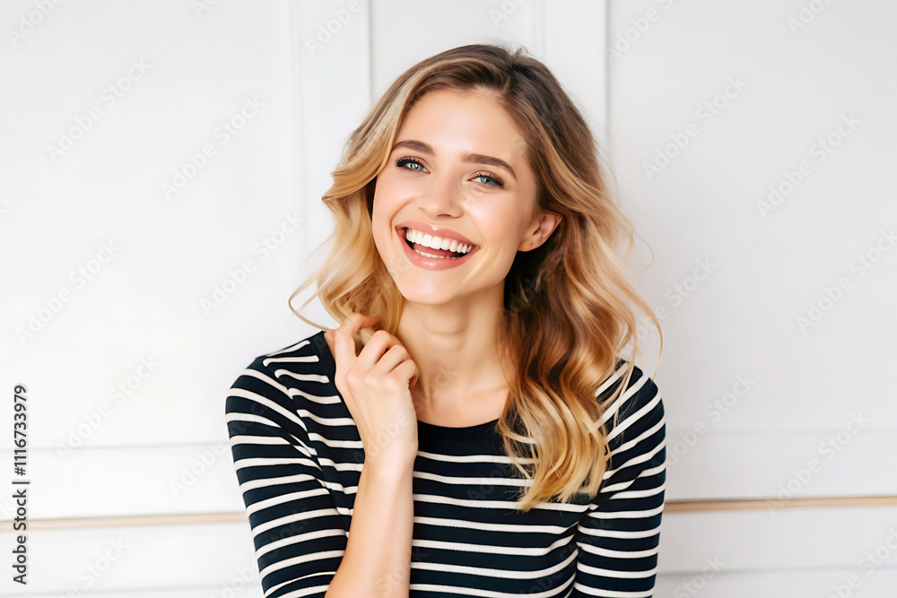 Happy young woman, smiling brightly, standing isolated in a minimalist setting. Happy young woman, smiling brightly, standing isolated in a minimalist setting.