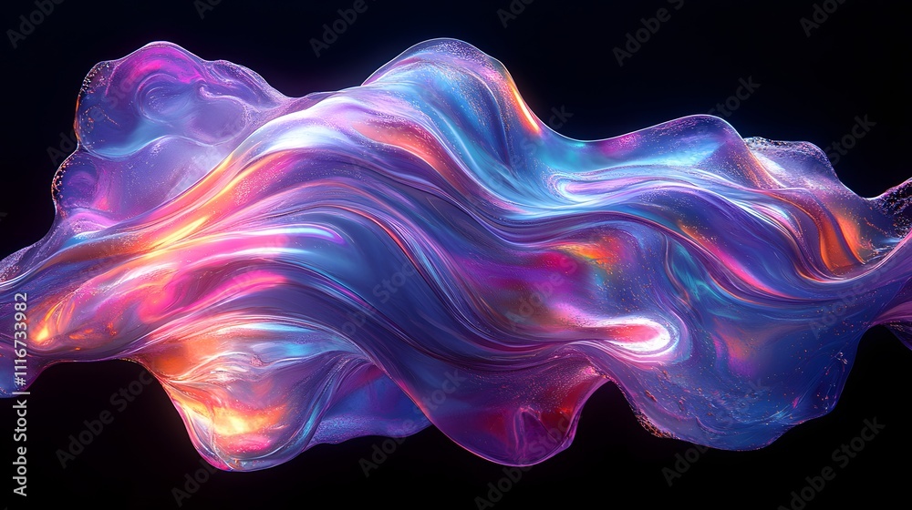 Futuristic abstract 3D holographic shape with fluid iridescent colors and glowing effects, creating a dynamic visual experience against a black background Futuristic abstract 3D holographic shape with fluid iridescent colors and glowing effects, creating a dynamic visual experience against a black background