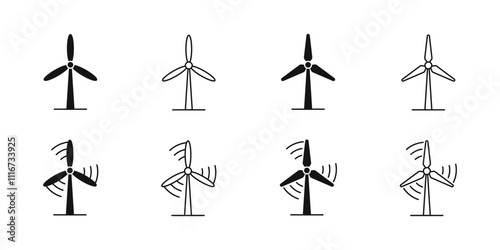 Windmill vector icons. Wind turbines. Wind power generation. Windmill with turbine. Alternative eco electric power. Alternative power generation