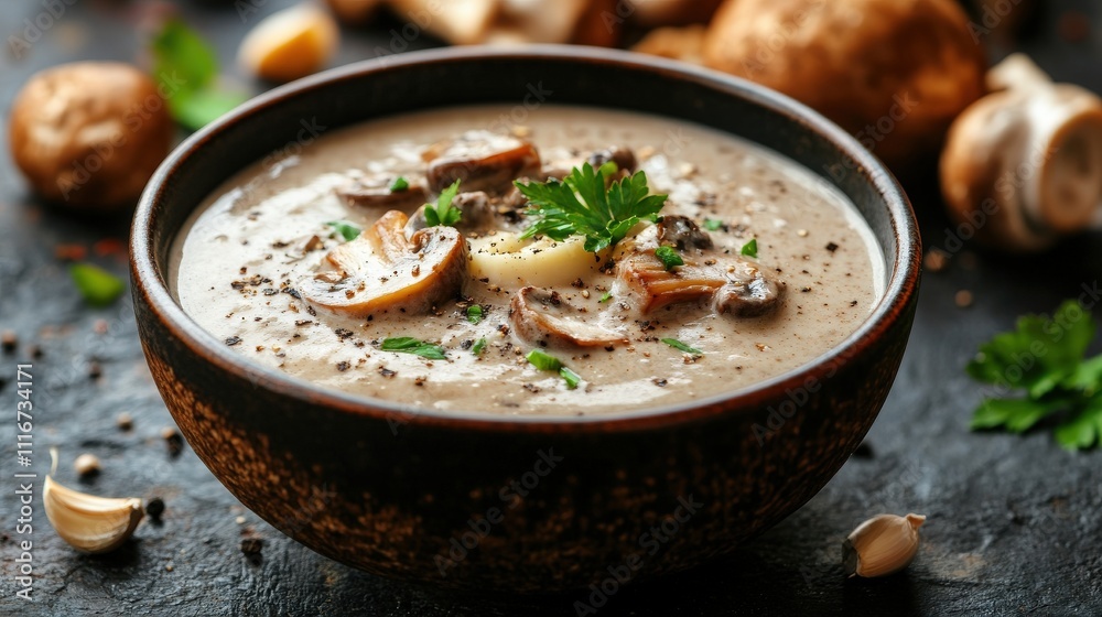 Creamy Mushroom Soup Bowl Garnish Herbs Creamy Mushroom Soup Bowl Garnish Herbs