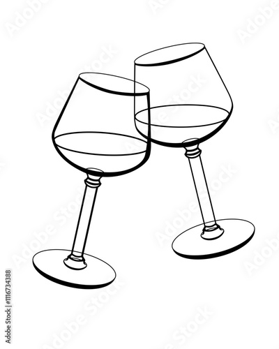 The clink of wine glasses. Linear drawing for coloring - two glasses of wine. Celebration, congratulation wish and clinking glasses.	