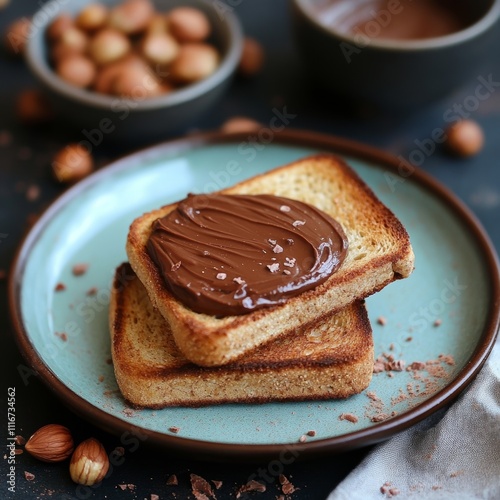 Little Toasts with sweet hazelnut chocolate spread for breakfast.