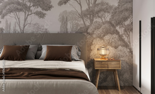 Visualization of cozy bedroom in beige and gray colors and wallpaper with a pattern with trees on the wall and a workplace with computer photo