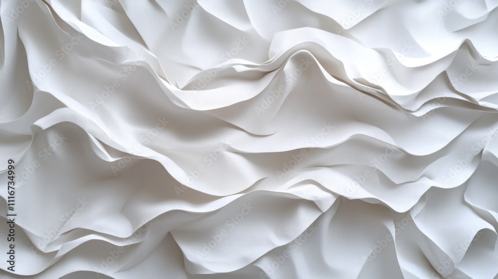 Fototapeta premium Soft white fabric undulates in a mesmerizing pattern, creating beautiful waves and folds. The texture captures light and shadow, infusing the environment with a tranquil, sophisticated aura