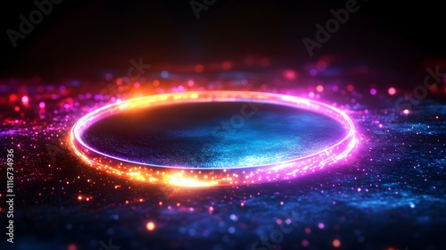 Futuristic abstract 3D holographic shape with fluid iridescent colors and glowing effects, creating a dynamic visual experience against a black background