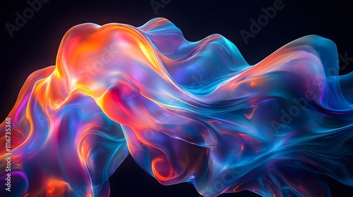 Futuristic abstract 3D holographic shape with fluid iridescent colors and glowing effects, creating a dynamic visual experience against a black background