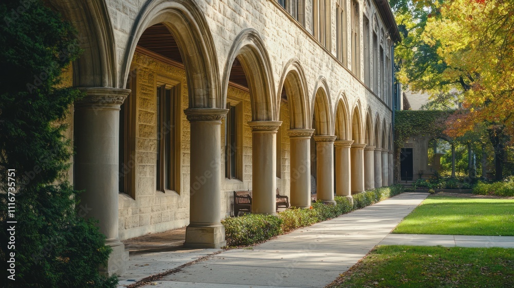 Obraz premium Autumnal Illumination: A Collegiate Courtyard's Tranquil Majesty