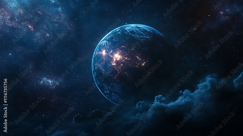 Obraz premium Night sky game background featuring Earth as glowing centerpiece