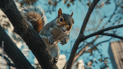 A playful squirrel leaping between tree branches, its bushy tail catching the sunlight, ,