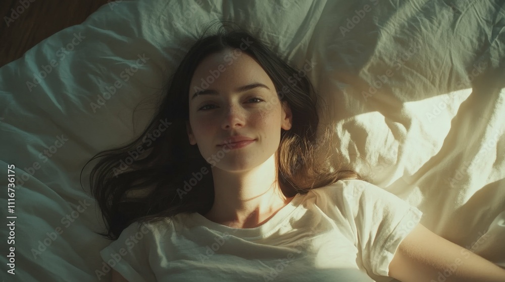 Young woman lying in bed, waking up in soft morning light, serene expression, cozy bedroom atmosphere, natural lighting, Young woman lying in bed, waking up in soft morning light, serene expression, cozy bedroom atmosphere, natural lighting,