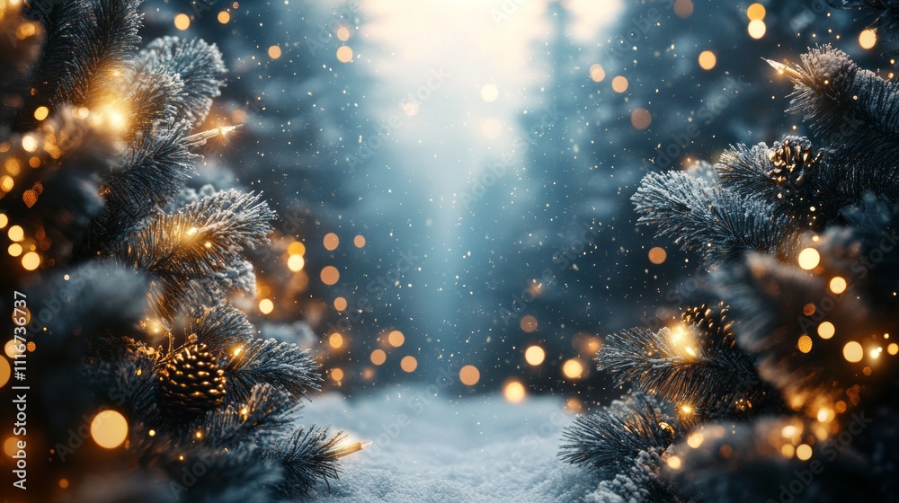 A peaceful winter pathway is surrounded by snow-covered pine trees adorned with twinkling lights. Soft snow falls gently, creating a magical atmosphere A peaceful winter pathway is surrounded by snow-covered pine trees adorned with twinkling lights. Soft snow falls gently, creating a magical atmosphere