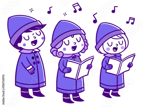 Singing Christmas Carolers Illustration: Cute Purple Holiday Children's Vector Art.