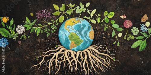 A vibrant image showing a globe surrounded by plant roots photo