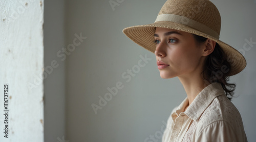 A beautiful model wearing a straw hat and a linen shirt. The woman is posing in three-quarter profile. A relaxed and thoughtful expression. She is illuminated by natural light.