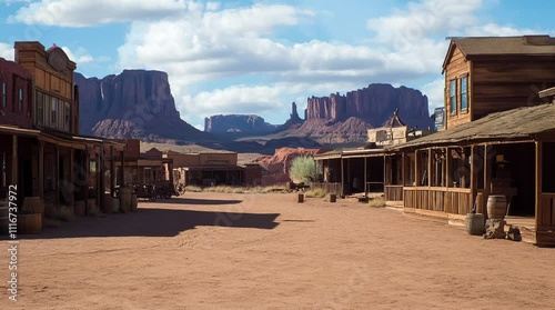 Rustic Wild West town with wooden houses under a bright sunny sky on a clear day  
Seamless looping 4k time-lapse virtual video animation Generated AI