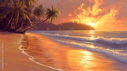 Tropical Beach Sunset with Palm Trees and Waves