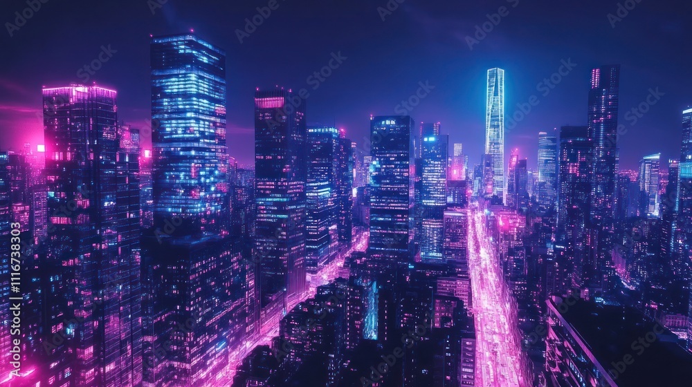 Fototapeta premium Neon Cityscape at Night: A Vibrant Metropolis