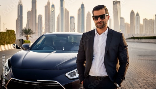 a dishonest european caucasian salesman with sunglasses in DUBAI talks looking into the camera, behind him a nice sports car, guru, trash.