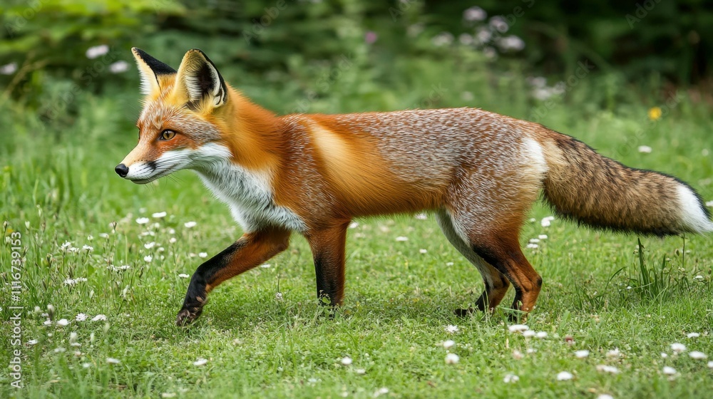 Fototapeta premium Red fox walking through a grassy field with flowers bright natural lighting soft focus on details