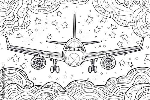 Airplane, coloring page for kids, line art, black and white.