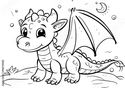 Baby dragon, coloring page for kids, very simple, cartoon style.