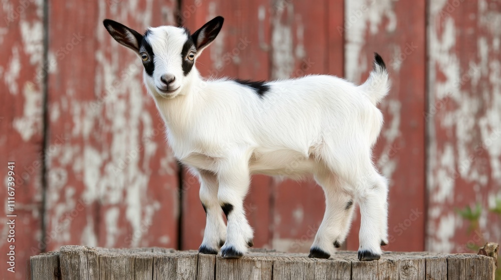 Obraz premium Small white goat with black spots standing on a wooden platform rural barn in the background soft warm lighting