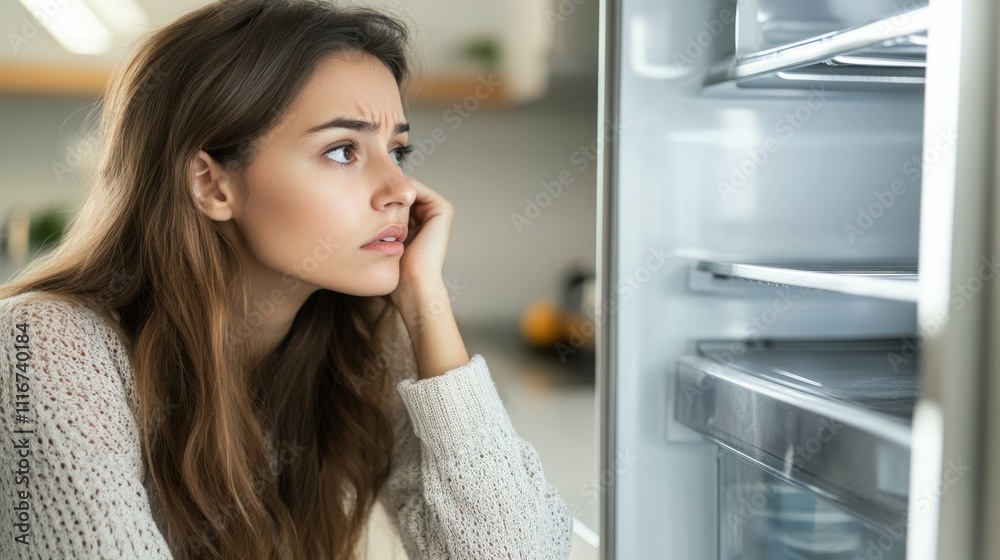 Woman looking into an empty fridge expression of concern bright lighting clean and modern setting Woman looking into an empty fridge expression of concern bright lighting clean and modern setting