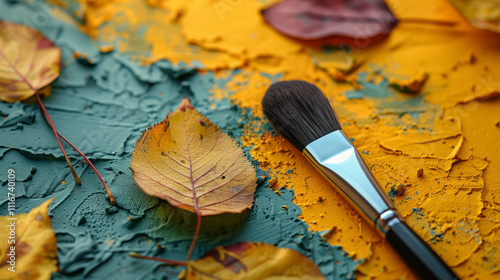 Close-up of autumn leaves and a brush resting on a textured yellow and blue painting background. photo