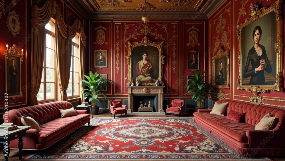 Fototapeta premium Opulent red and gold room with portraits, fireplace, sofas, carpet, mirror, and plants. Generative, AI,