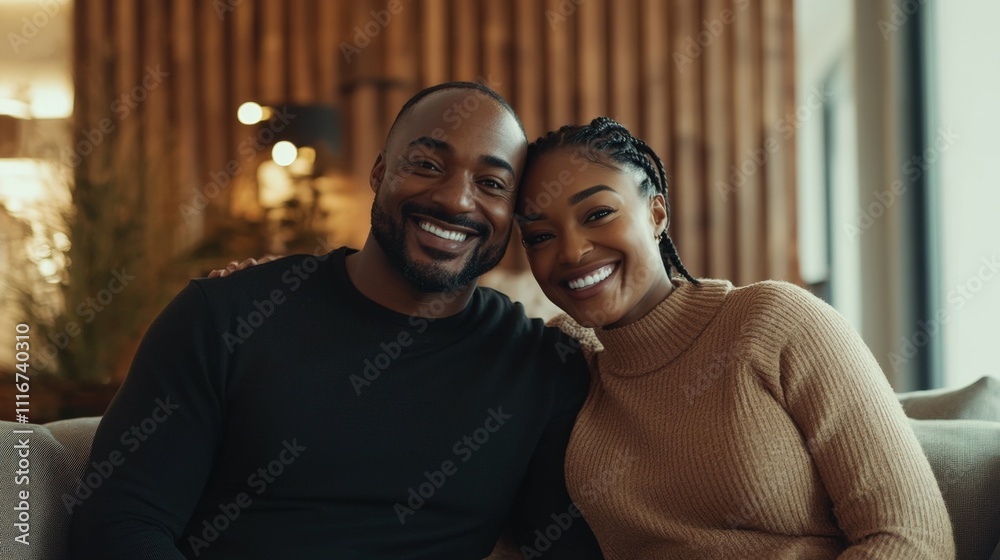 Fototapeta premium Happy African-American man and woman smiling on a couch bright artificial lighting with a contemporary and minimalistic living room background