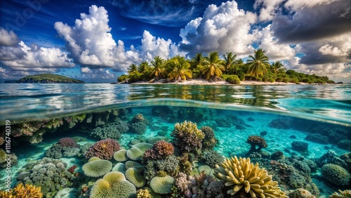 Tropical island with coral reef and crystal clear water, split view of underwater and above water scenery photo